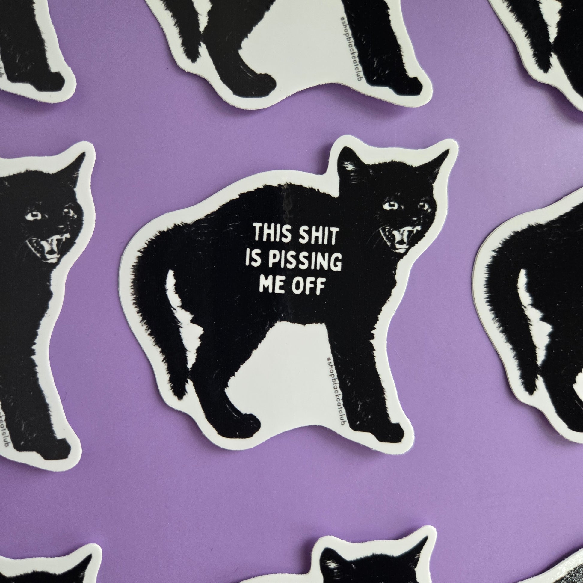 A sticker with a black cat design and the text 'This Shit Is Pissing Me Off' on a purple background.