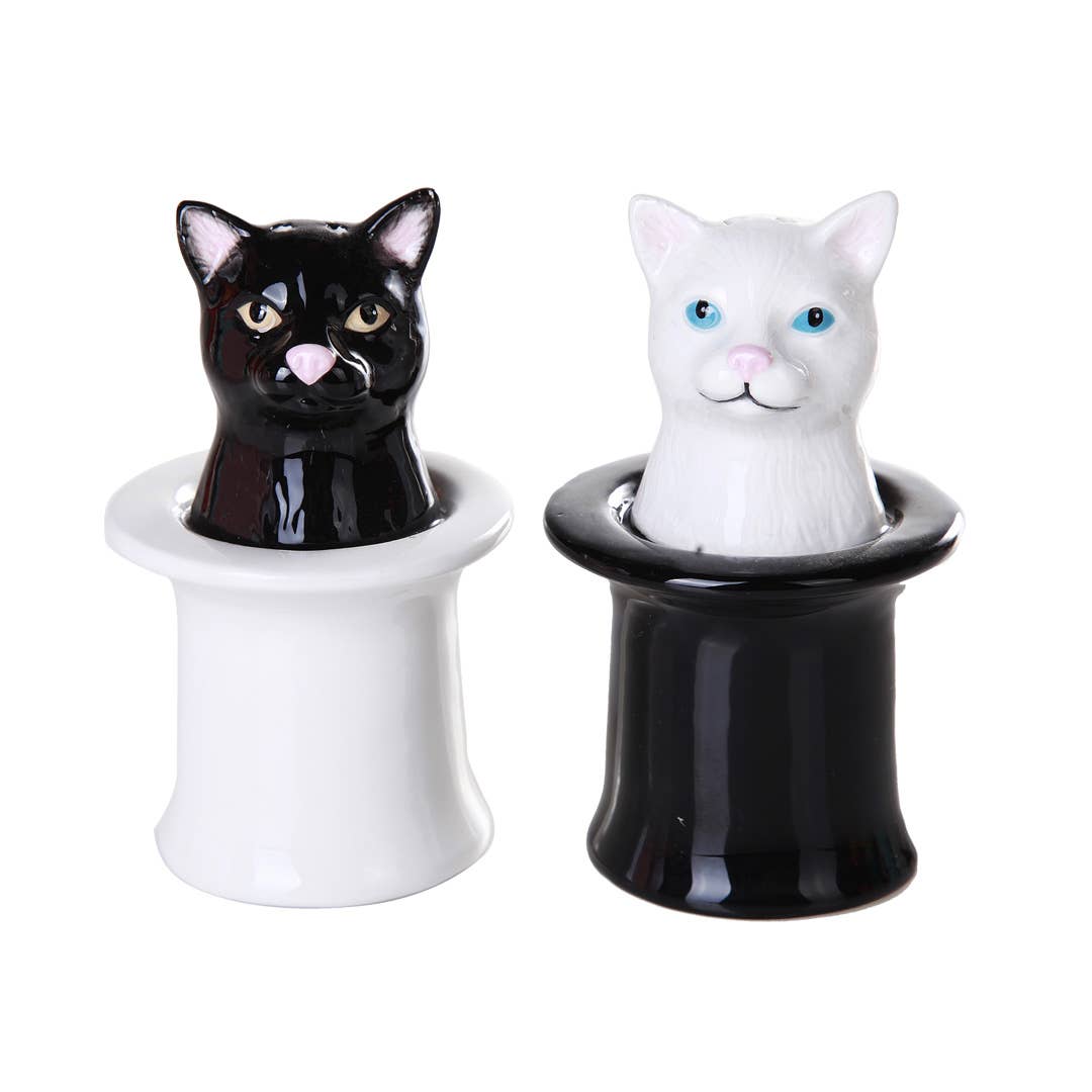 Black and white cat-shaped salt and pepper shakers on a white background
