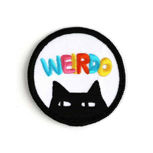 Circular patch with a black cat silhouette and colorful 'WEIRDO' text on a white background